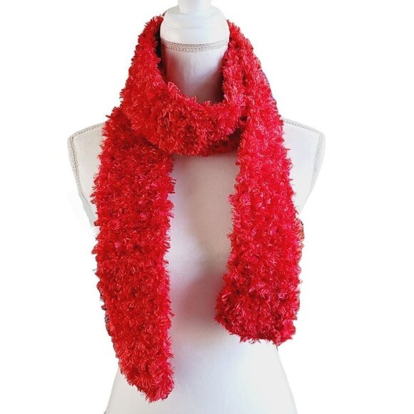 Red Winter Scarf Satin Boa Yarn Fuzzy Warm Holidays Winter Handmade Crochet - Picture 9 of 9